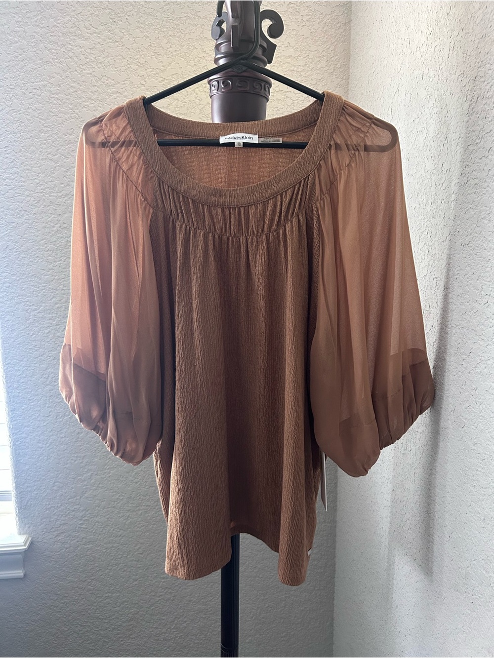 Calvin Klein Women's Chestnut Brown Sheer Puff Sleeve Blouse